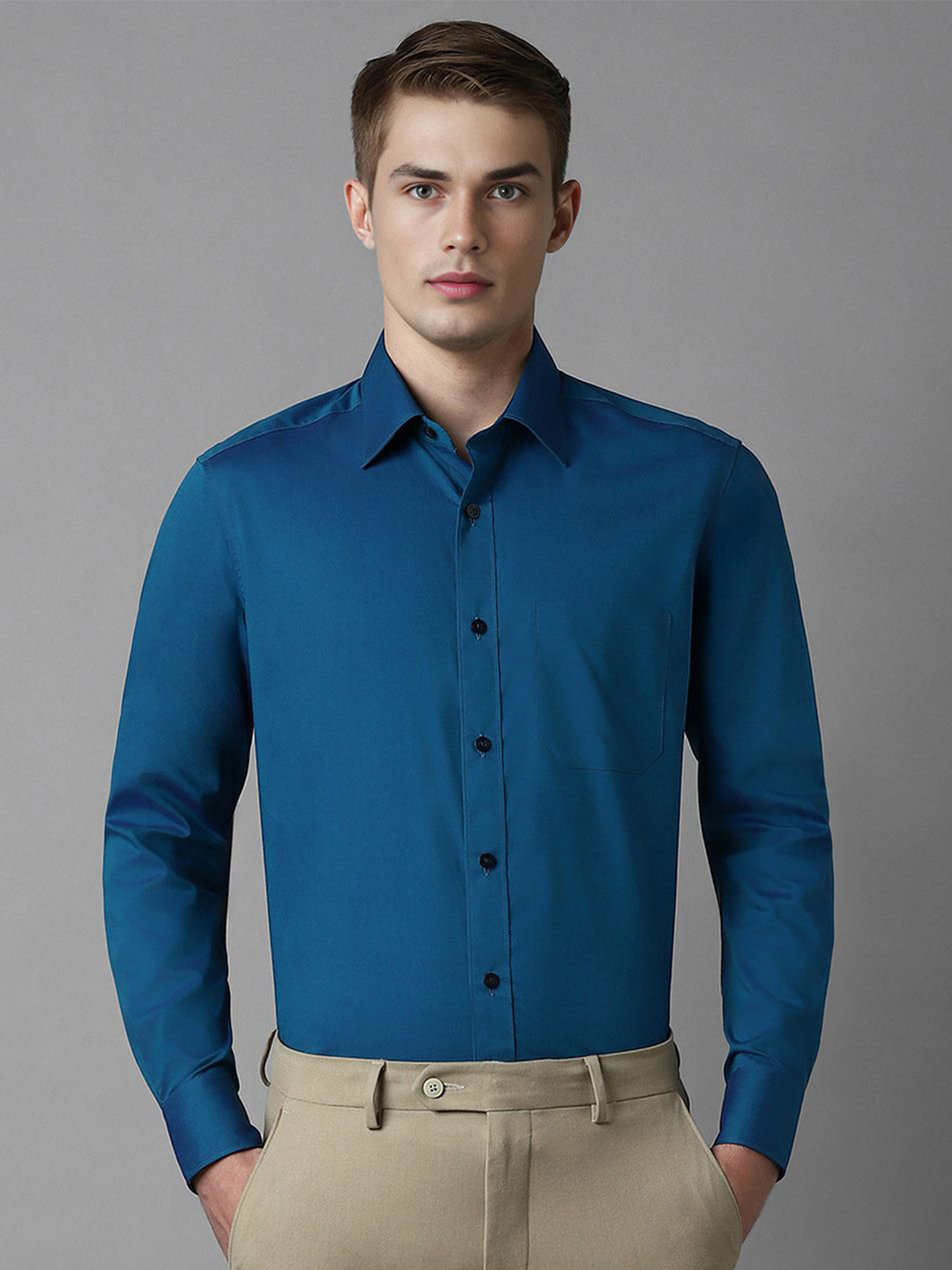 

Louis Philippe Men Classic Spread Collar Solid Cotton Formal Shirt, Blue