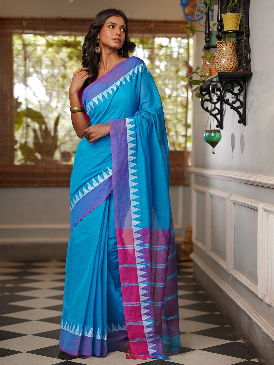 

Unnati Silks Pure Cotton Handloom Mangalagiri Saree, Blue