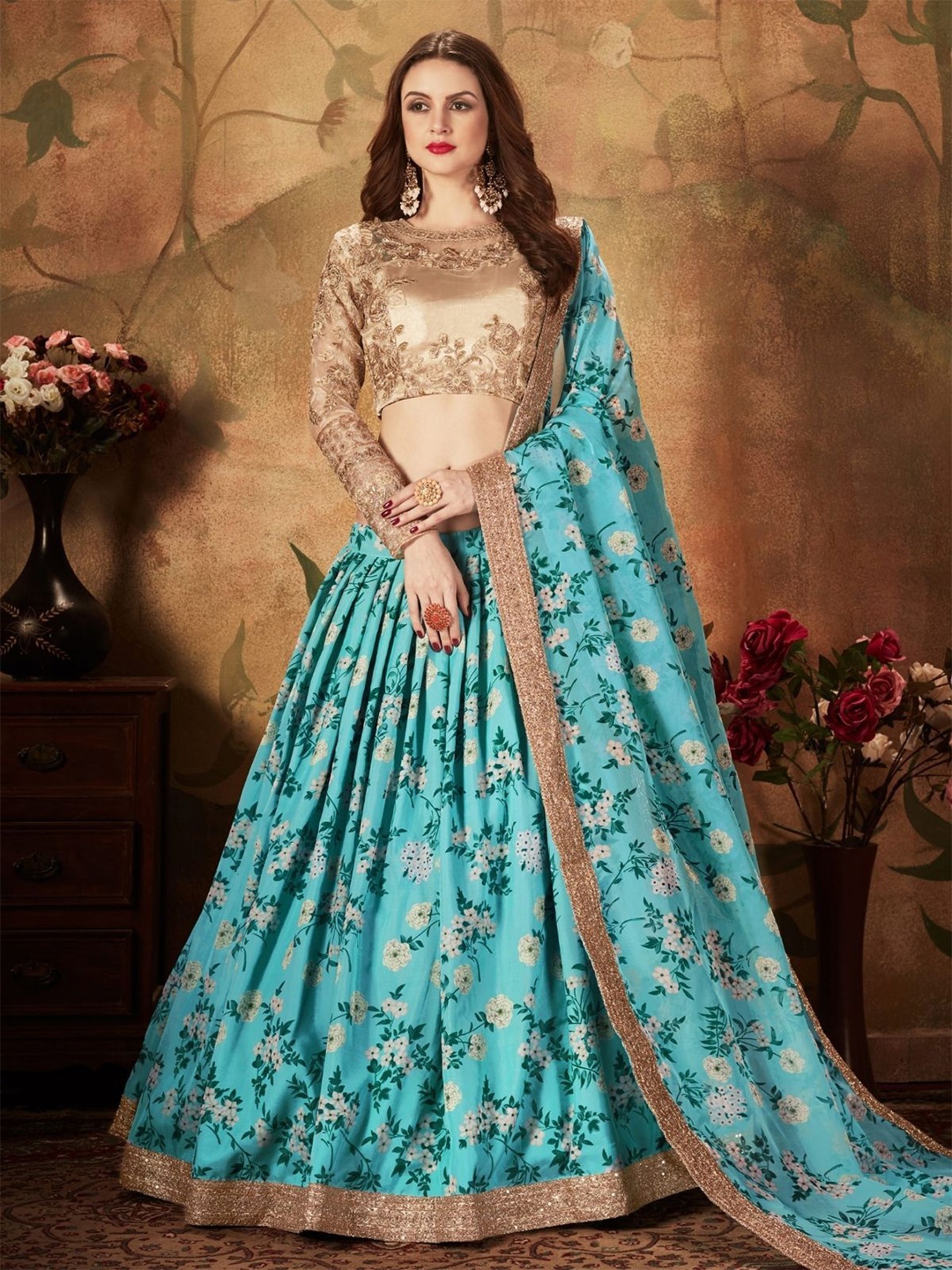 

ODETTE Embroidered Sequinned Semi-Stitched Lehenga & Blouse With Dupatta, Blue