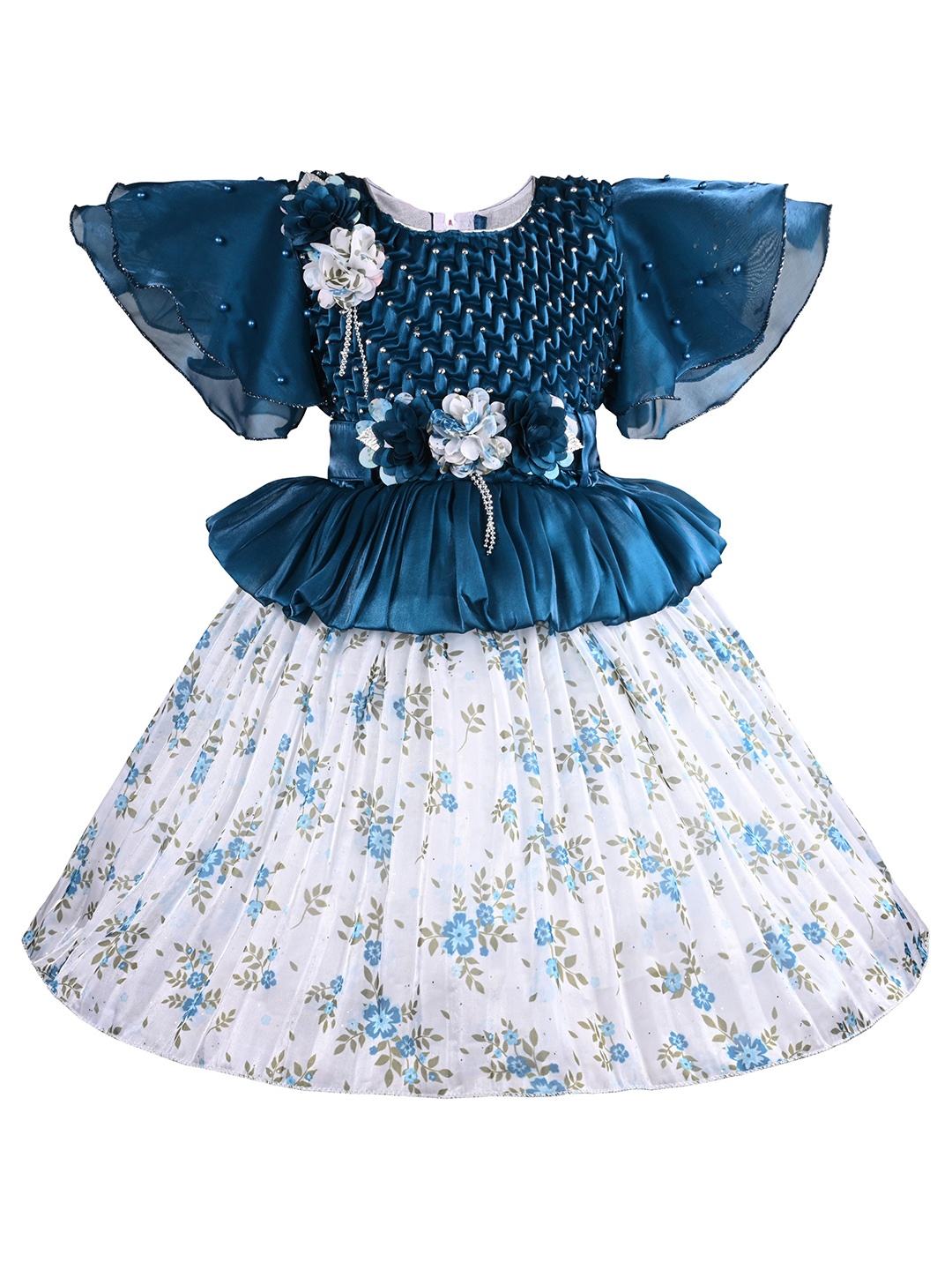 

Wish Karo Girls Self Design Floral Print Fit & Flare Dress, Blue