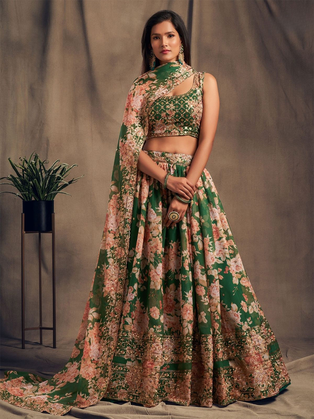

ODETTE Floral Printed Sequinned Semi-Stitched Lehenga & Blouse With Dupatta, Green