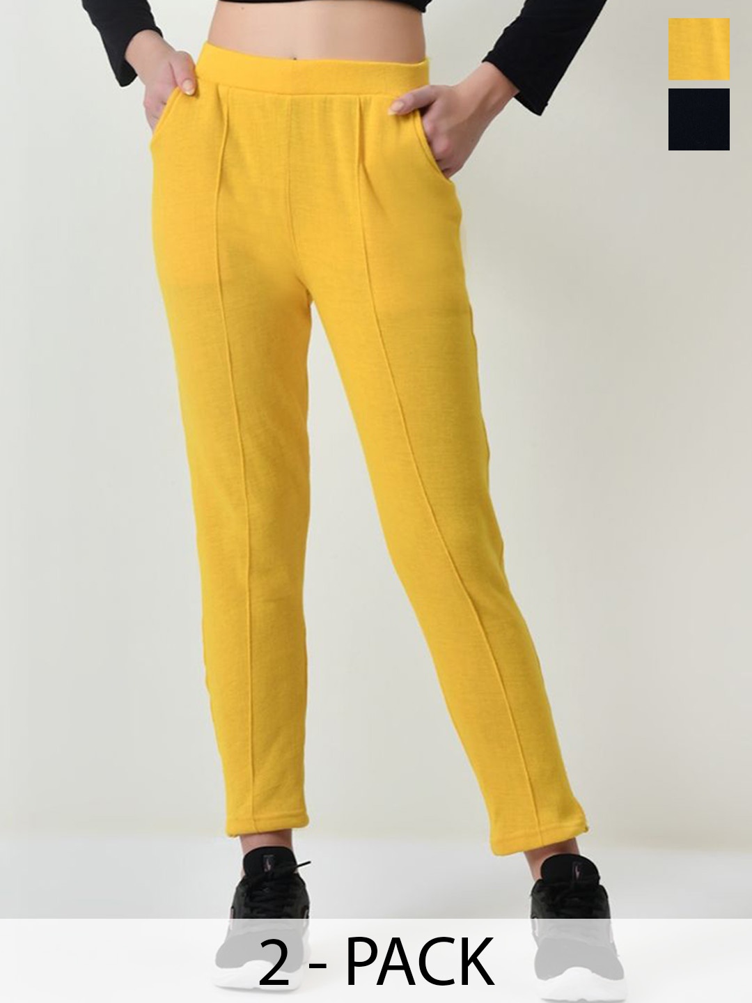 

BAESD Women Solid High-Rise Trousers Pack of 2, Yellow