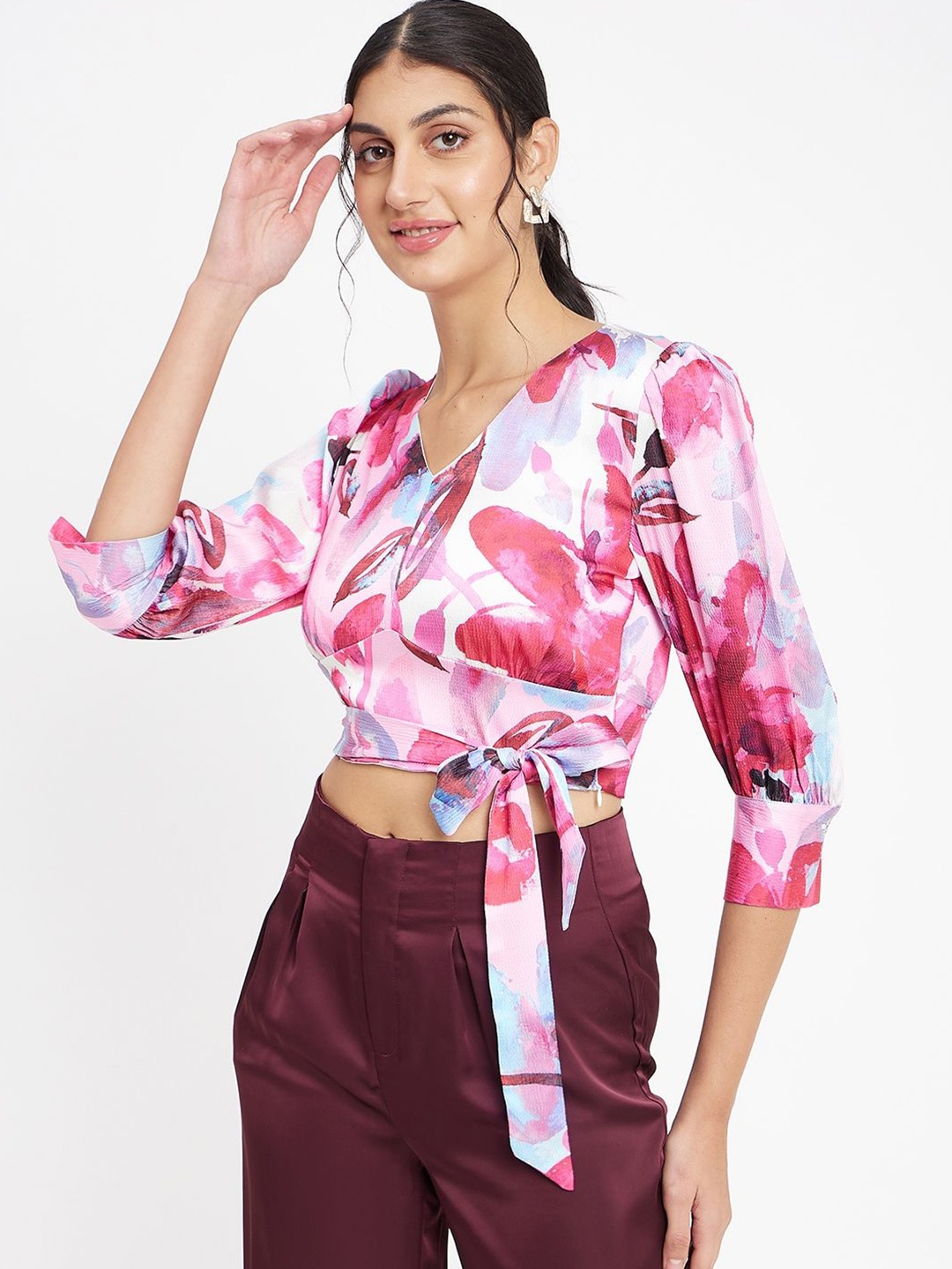 

Madame Women Abstract Printed V-Neck Top, Pink