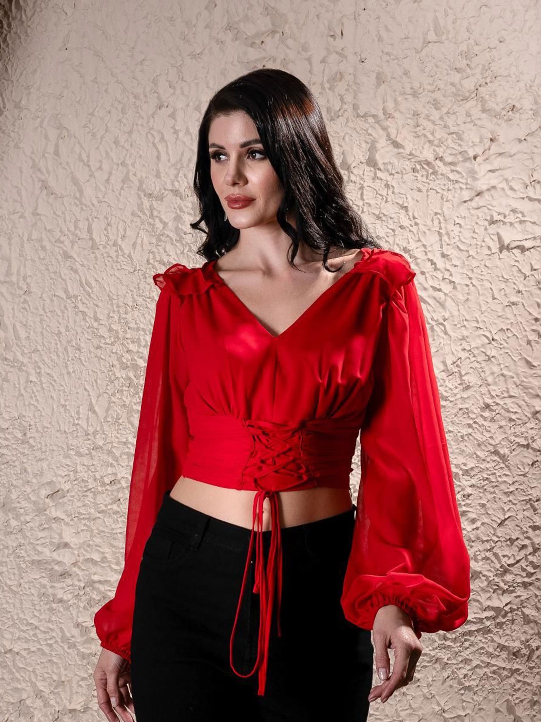 

Sacai Women Solid V-Neck Top, Red