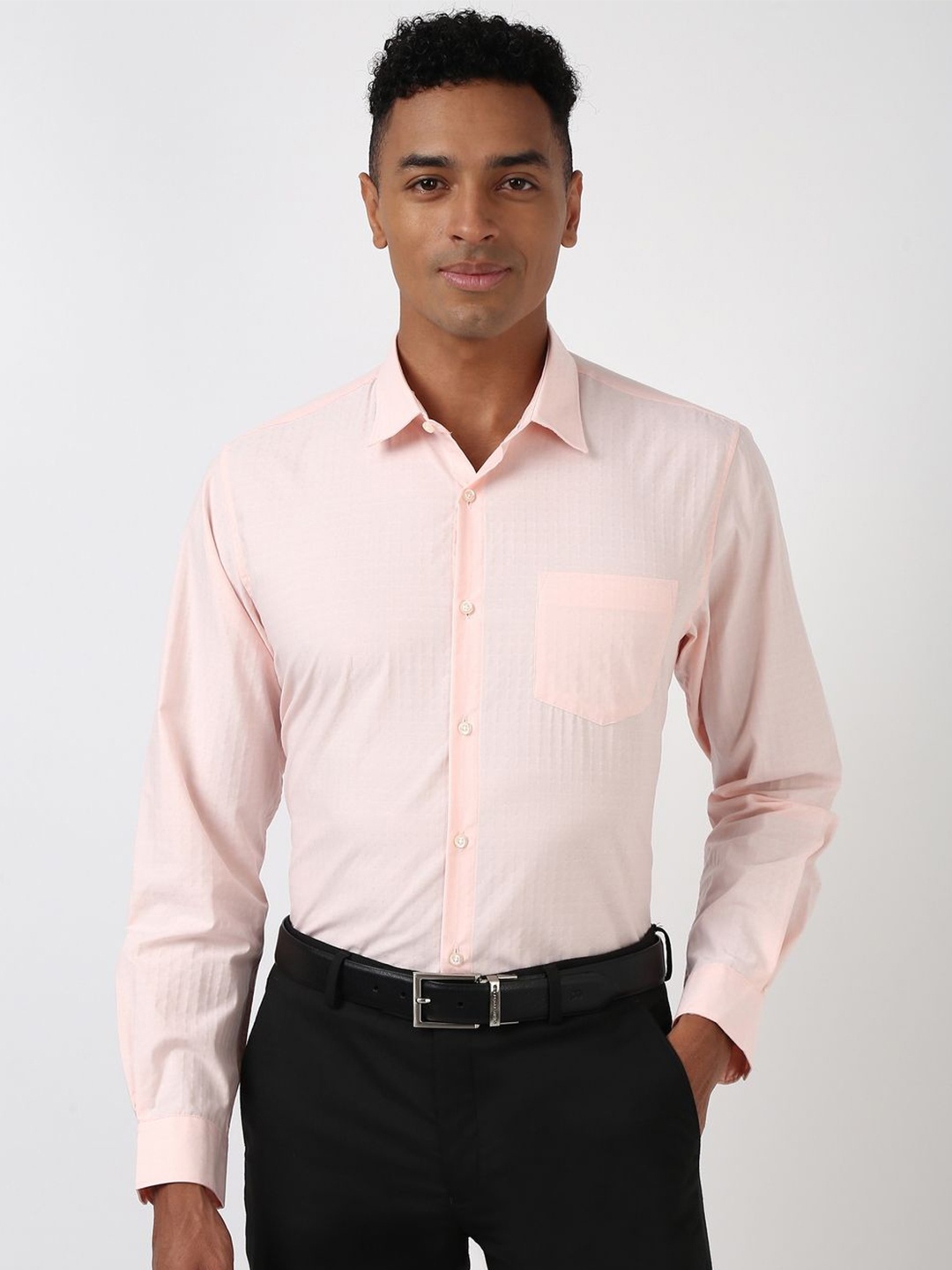 

Peter England Men Spread Collar Checked Cotton Slim Fit Formal Shirt, Peach