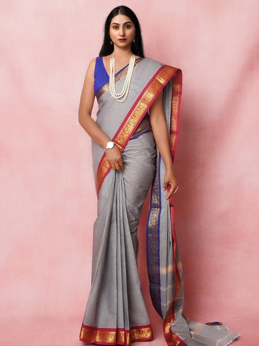 

Unnati Silks Ethnic Motifs Zari Pure Cotton Handloom Kanjeevaram Saree, Grey