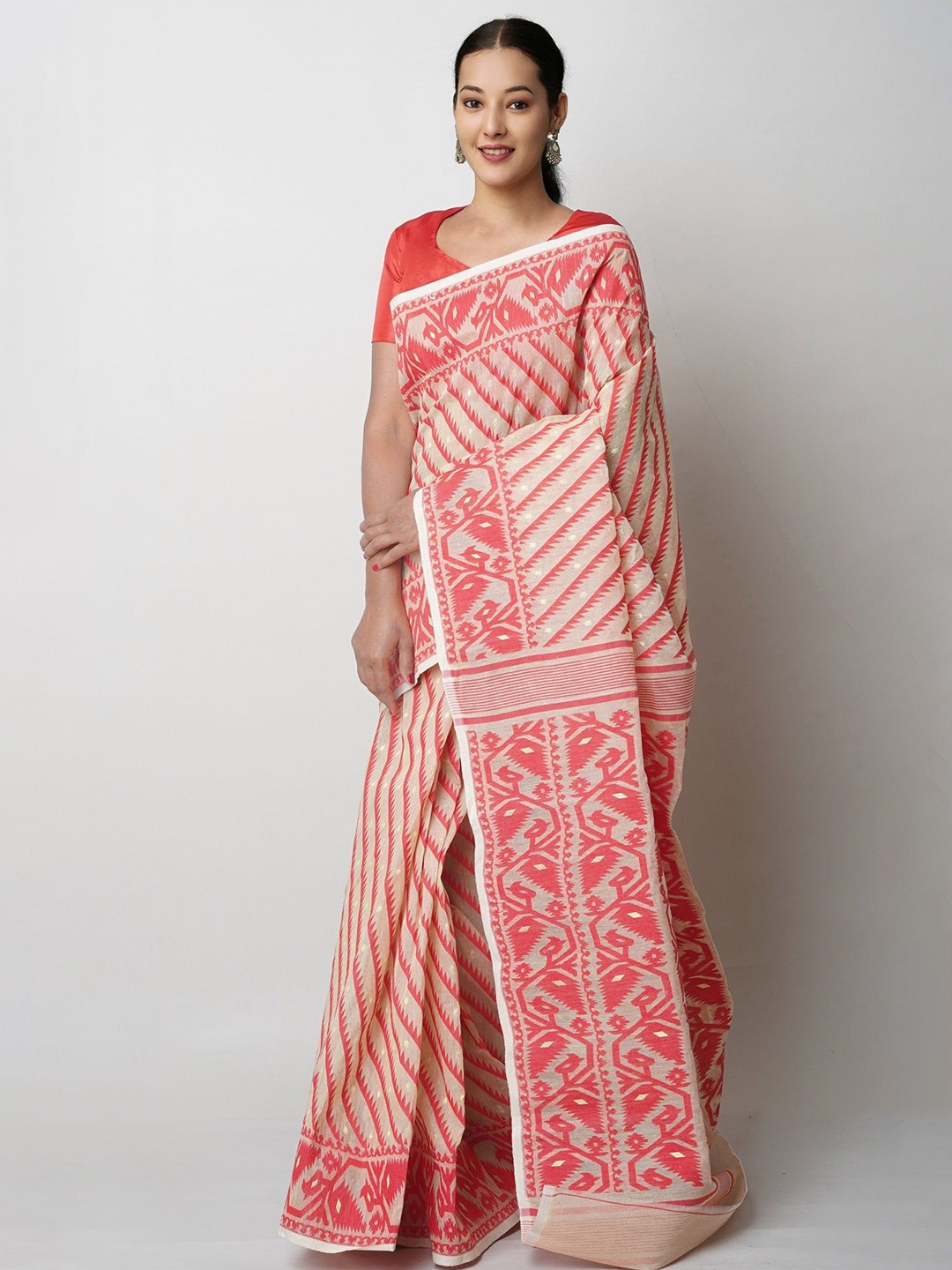 

Unnati Silks Woven Design Pure Cotton Handloom Jamdani Saree, Beige