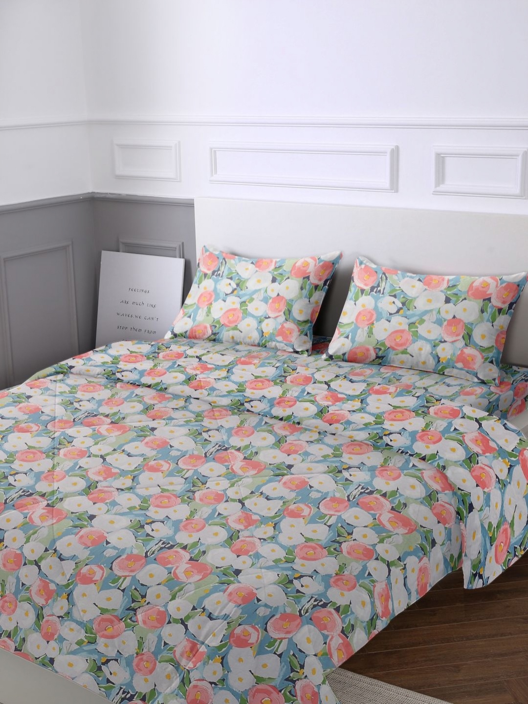 

URBAN DREAM Blue Floral Cotton Double Queen AC Room Superfine Bedding Set, Peach