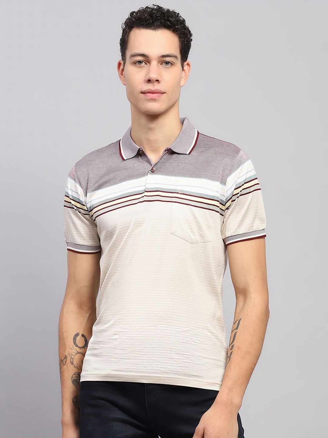 

Monte Carlo Men Striped Polo Collar Cotton T-shirt, Beige