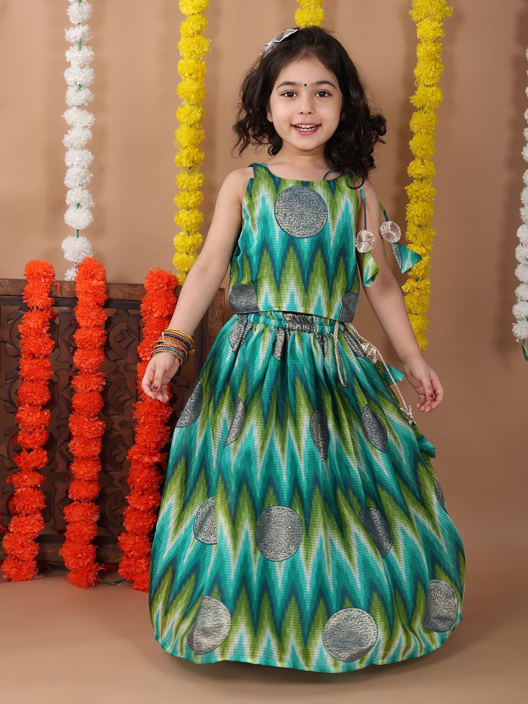 

Here&Now X Kinder Kids Girls Ready to Wear Lehenga & Top, Green