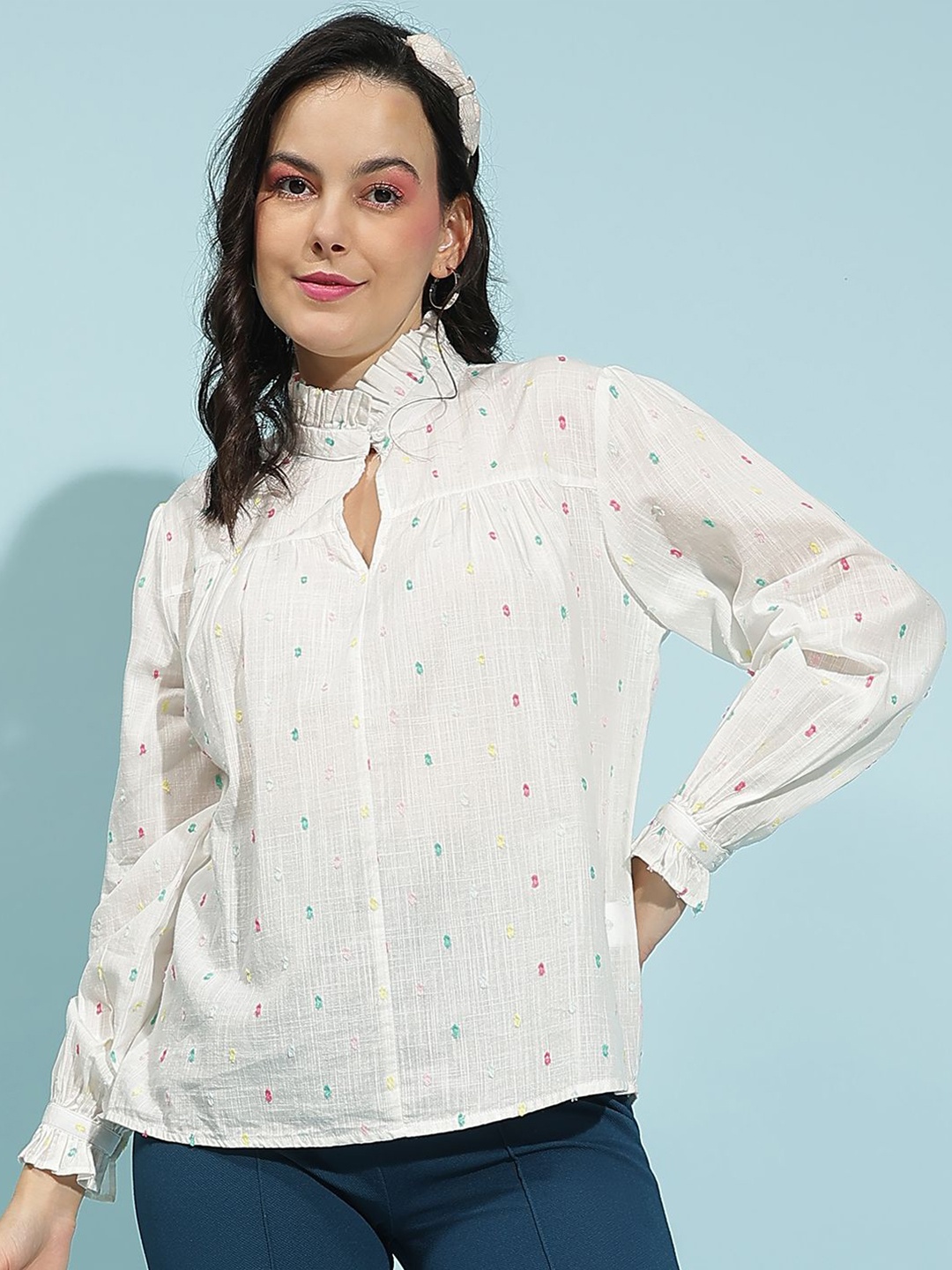 

Oxolloxo Women Self Design High Neck Cotton Top, White