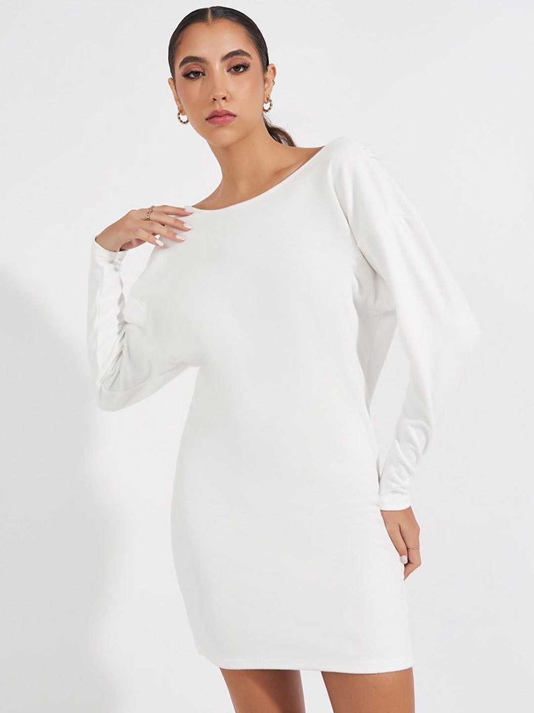 

Styli Women Lace Trim Open Back Sweater Mini Dress, White