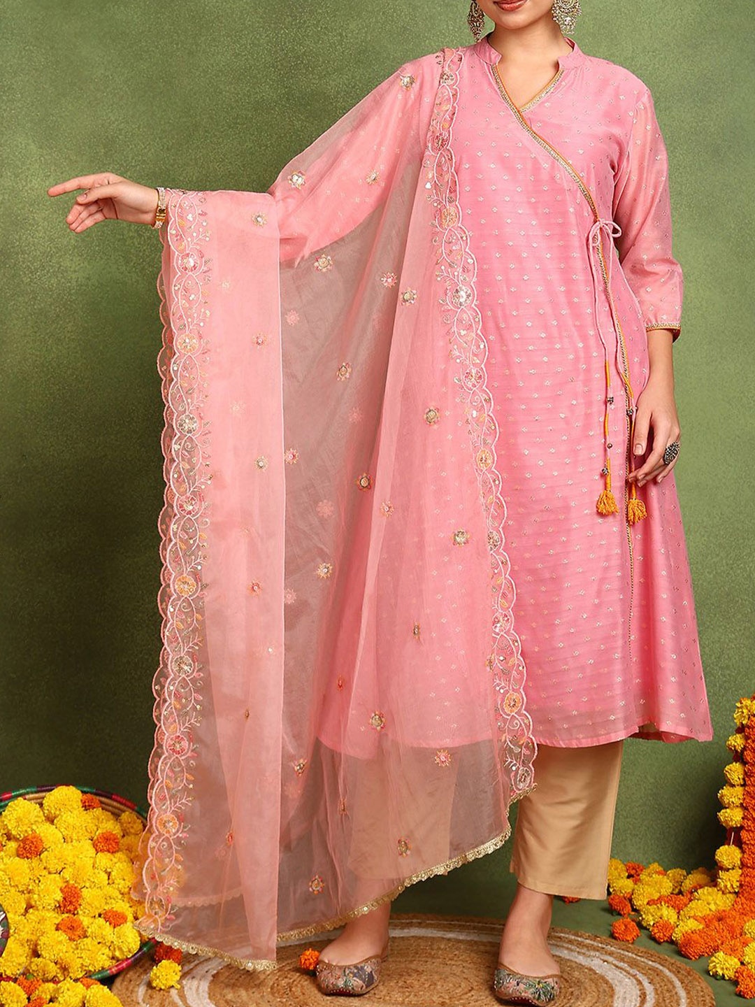 

Tahiliya Floral Embroidered Organza Dupatta, Pink