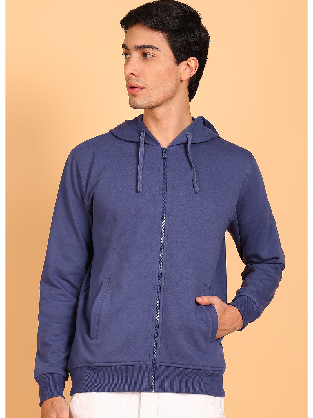 

Alan Jones Men Solid Hooded Front-Open Cotton Sweatshirt, Blue