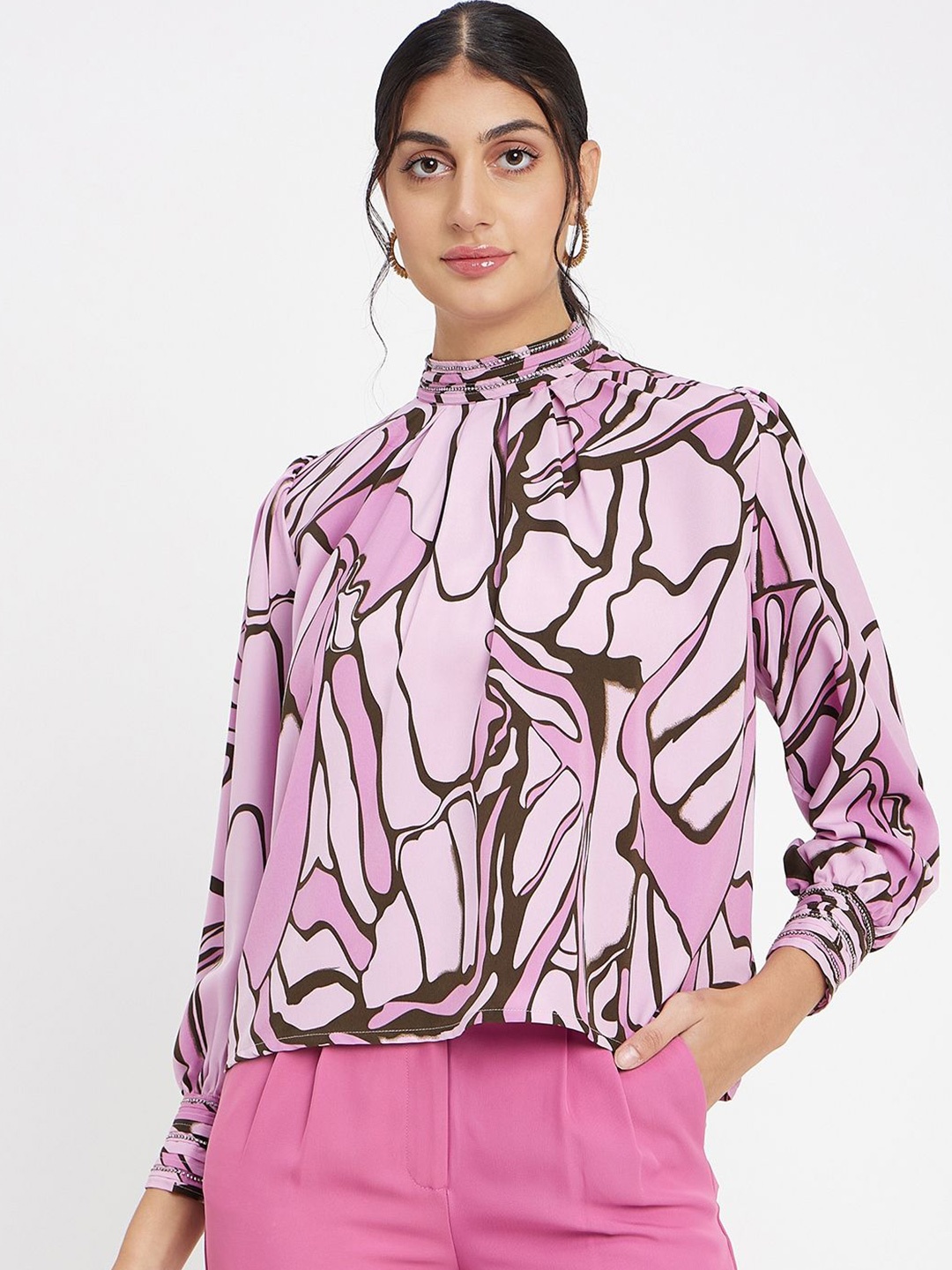 

Madame Women Abstract Printed High Neck Top, Mauve