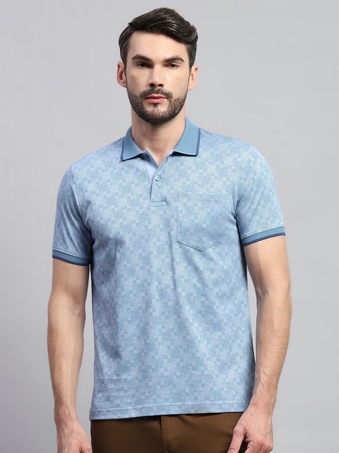 

Monte Carlo Men Self Design Polo Collar Cotton T-shirt, Blue