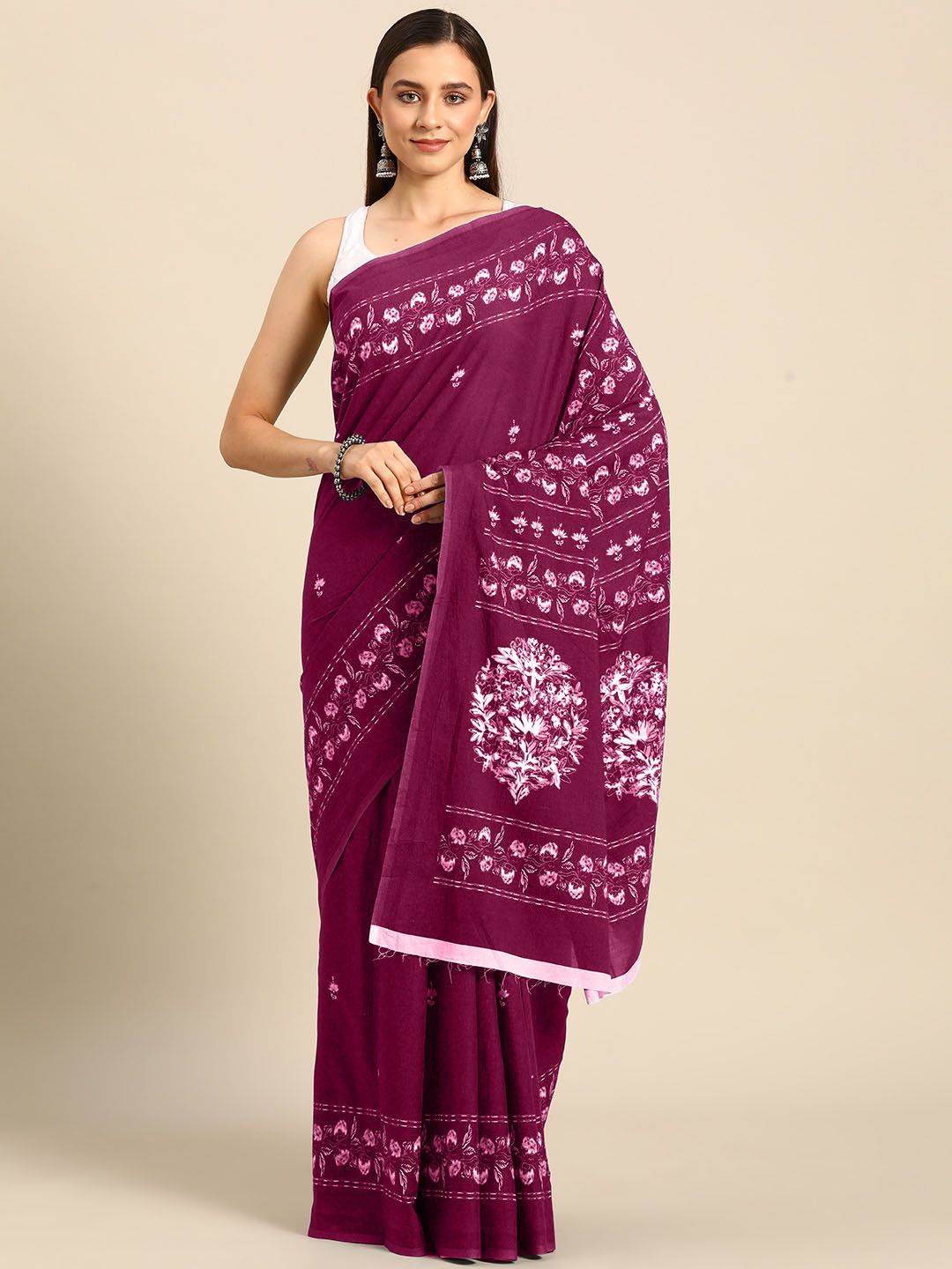 

BUTA BUTI Floral Pure Cotton Saree, Pink