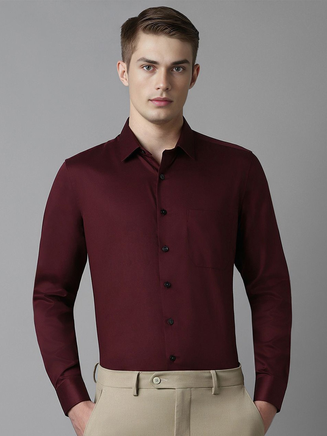 

Louis Philippe Men Spread Collar Solid Cotton Slim Fit Formal Shirt, Maroon