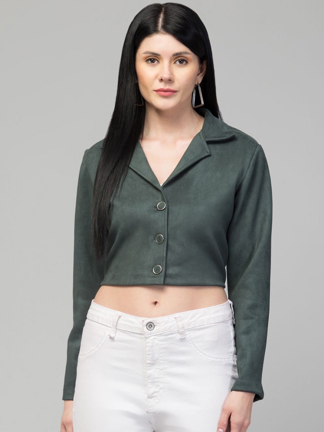 

GalaxyTrendz Notched Lapel Collar Single-Breasted Velvet Comfort-Fit Cropped Casual Blazer, Green