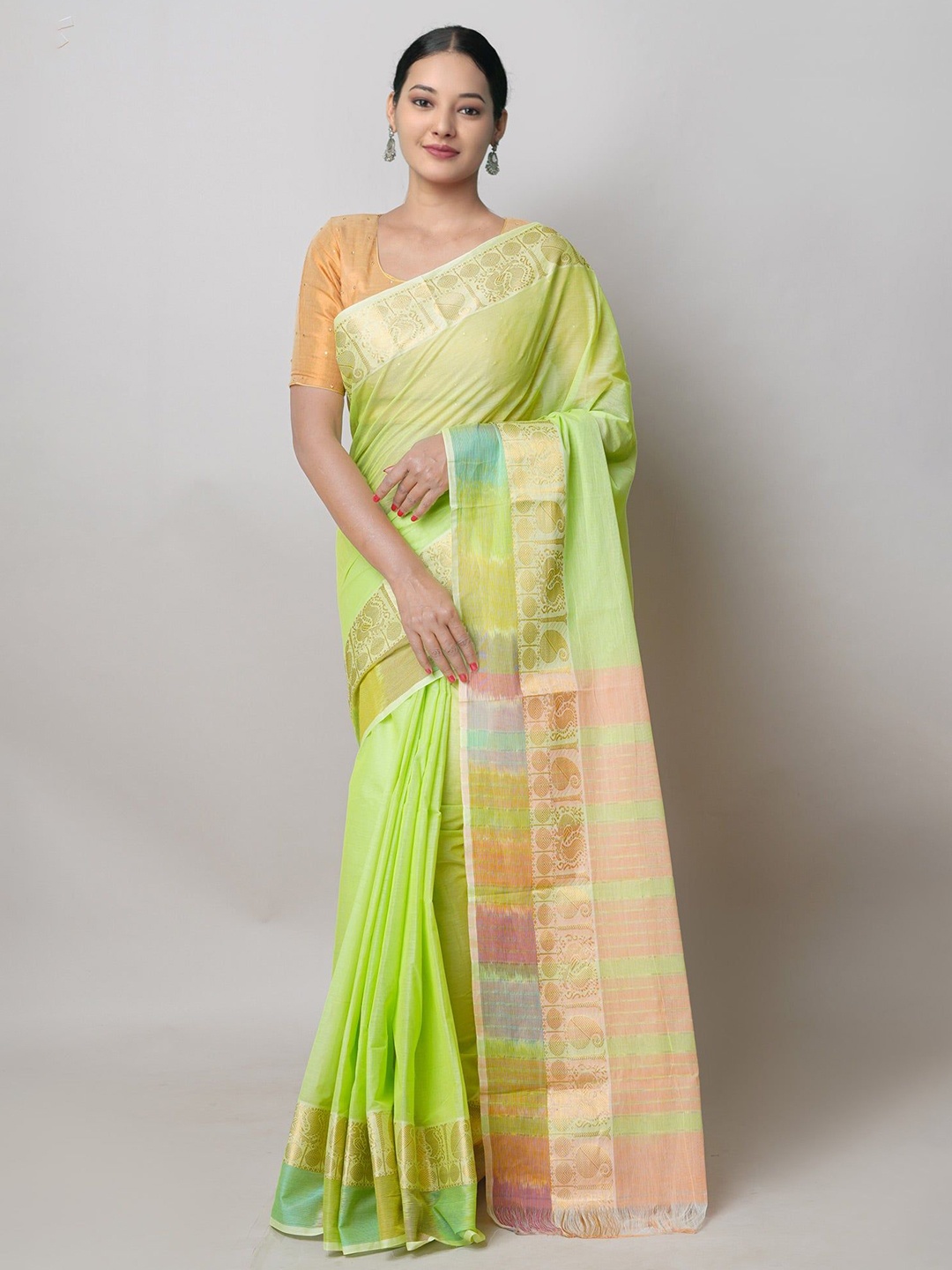 

Unnati Silks Women Zari Pure Cotton Handloom Narayan Peth Saree, Green