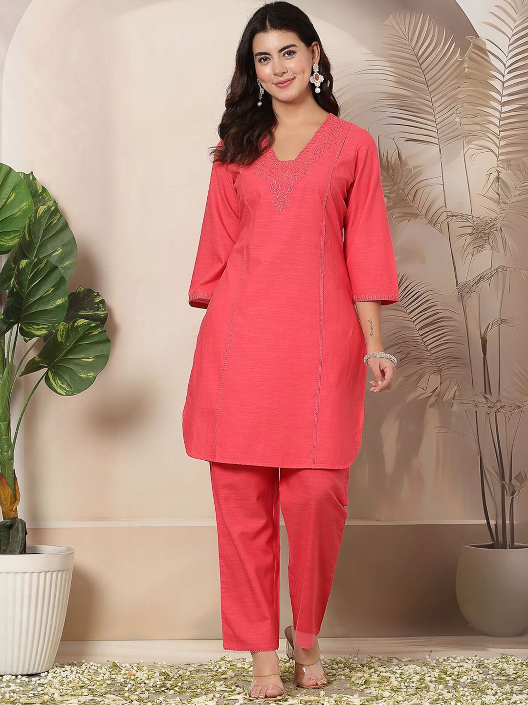 

Nayam By Lakshita Paisley Embroidered Straight Cotton Kurta with Trousers, Pink