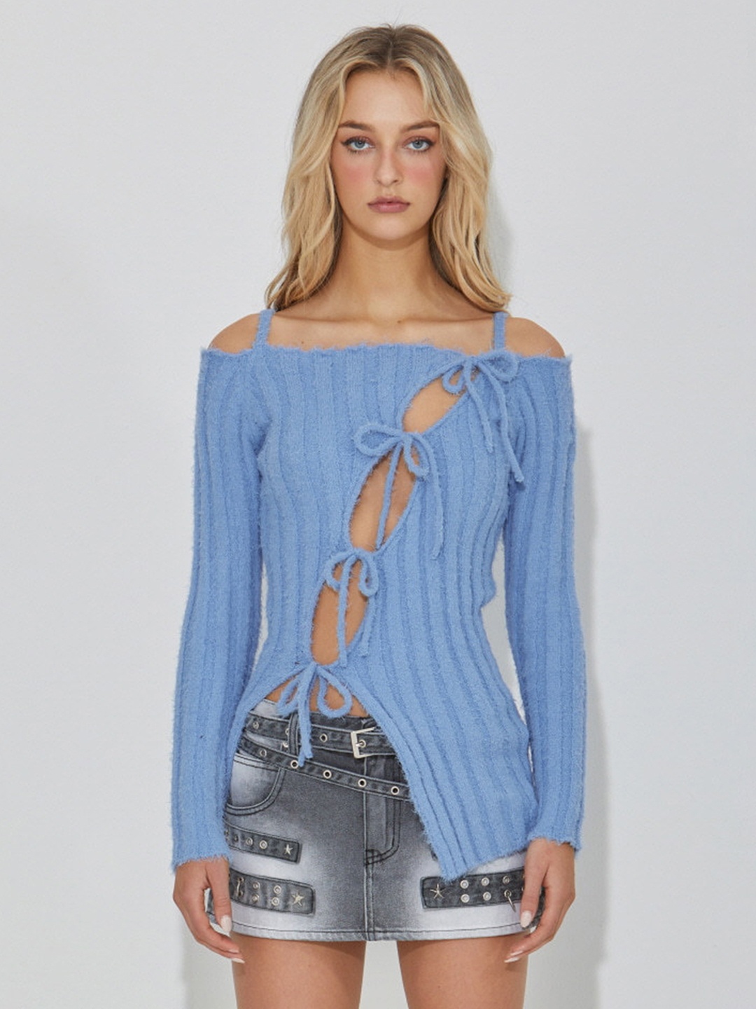 

LULU & SKY Women Self Design Shoulder Straps Acrylic Top, Blue