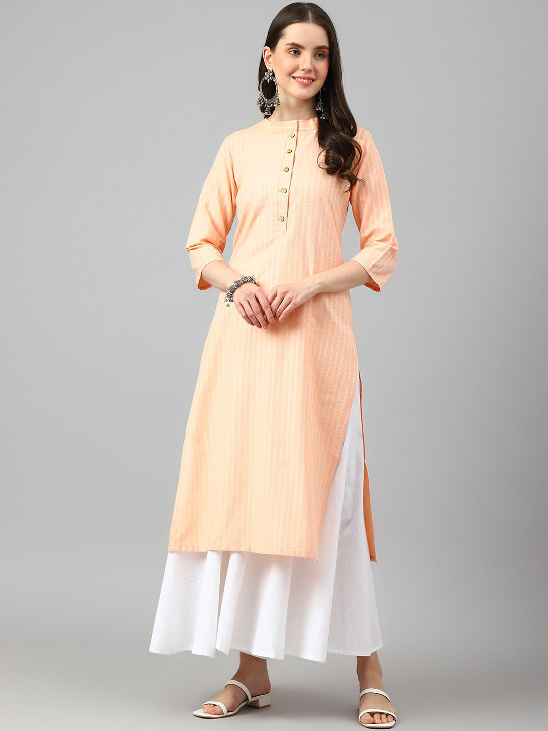 

KALINI Striped Woven Design Mandarin Collar Three-Quarter Sleeves Regular Straight Kurta, Peach
