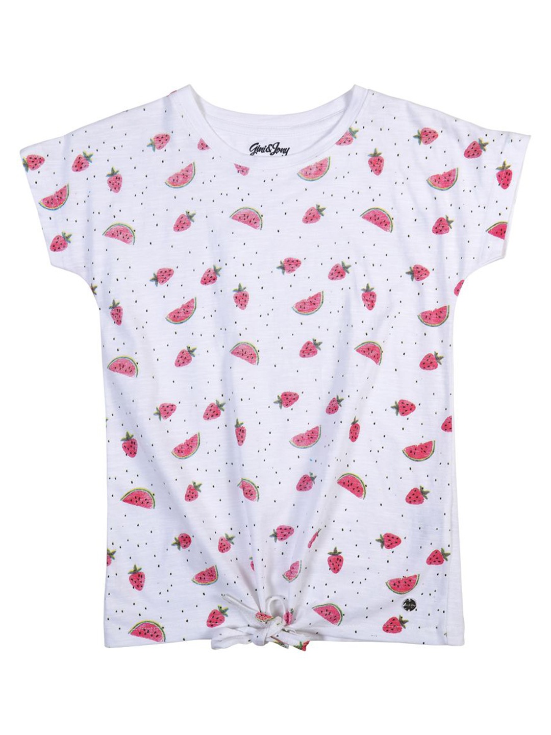 

Gini and Jony Girls Conversational Printed Round Neck Cotton Top, White