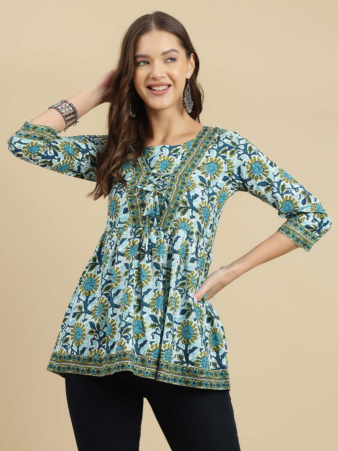 

KALINI Women Floral Printed Round Neck Cotton Top, Blue