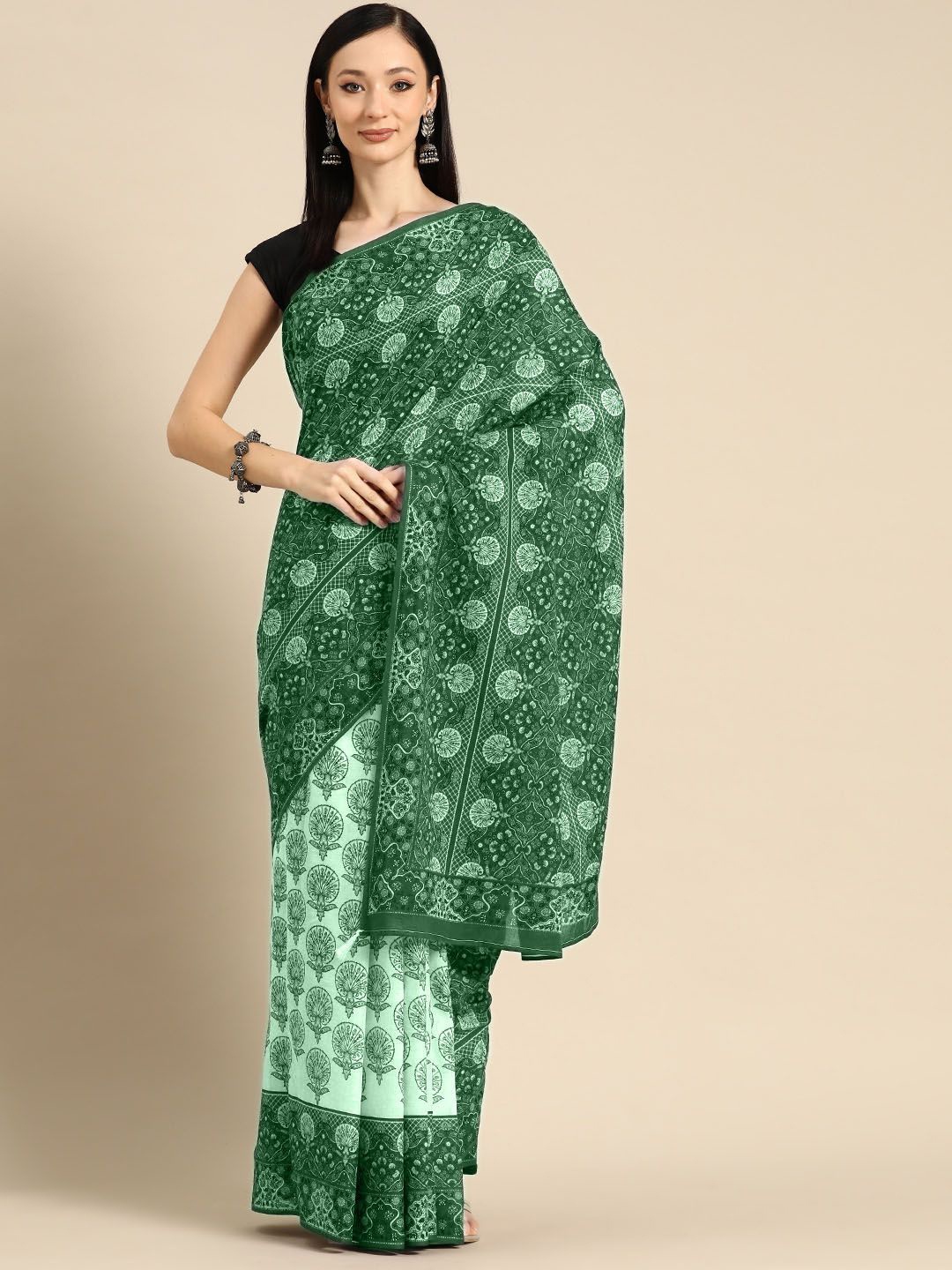 

BUTA BUTI Floral Printed Pure Cotton Saree, Green
