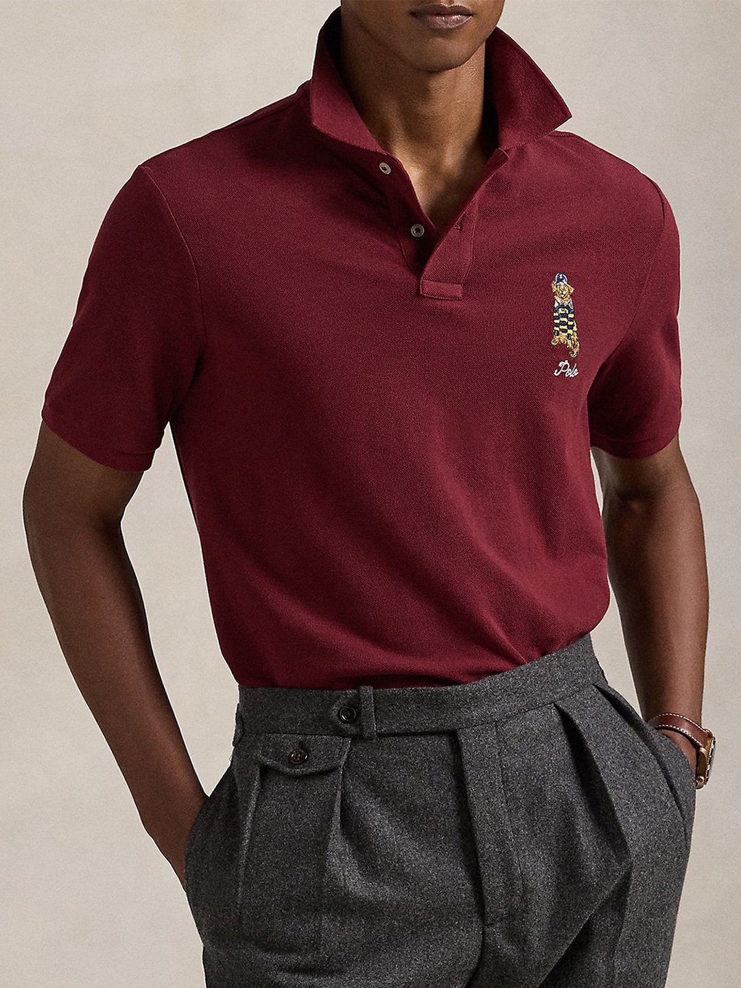 

Polo Ralph Lauren Men Solid Pure Cotton Slim Fit Polo Collar T-shirt, Maroon