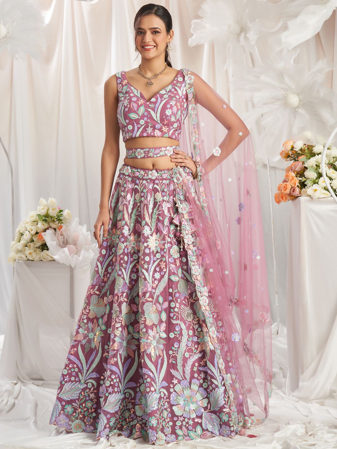 

panchhi Embroidered Sequinned Net Semi Stitched Lehenga & Unstitched Blouse With Dupatta, Rose gold