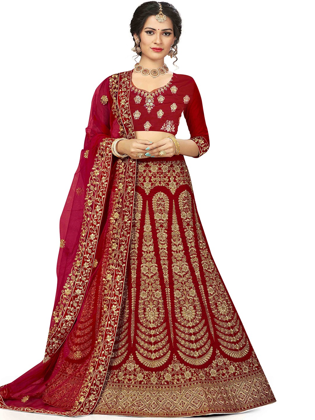 

Maroosh Embroidered Thread Work Unstitched Lehenga & Blouse With Dupatta, Red