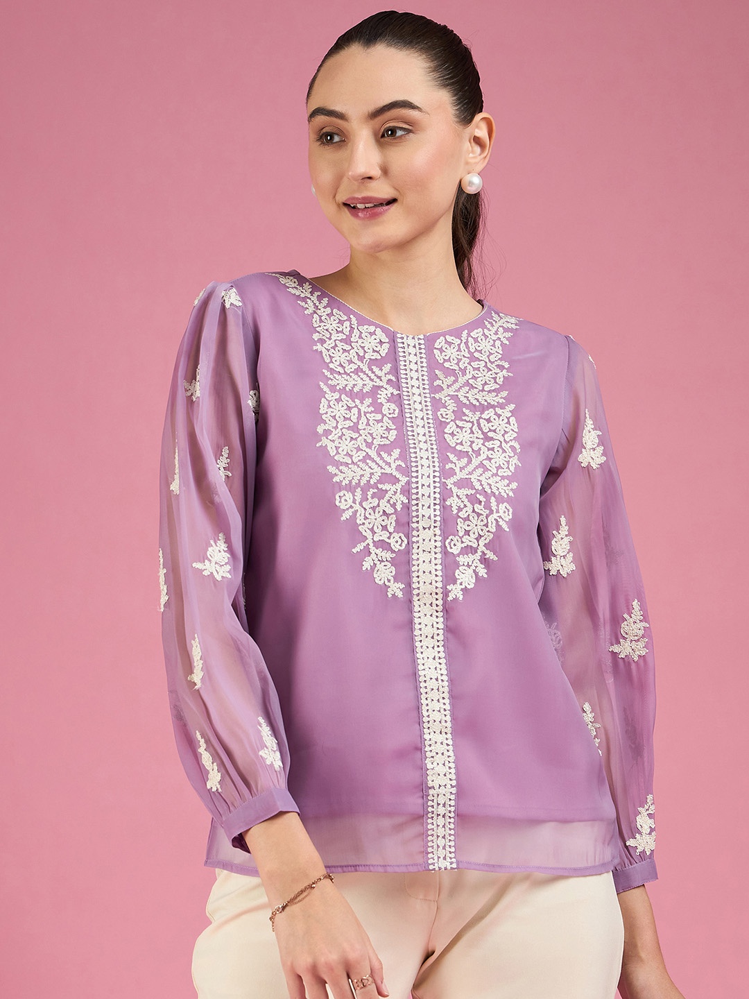 

DressBerry Women Floral Embroidered Round Neck Top, Lavender