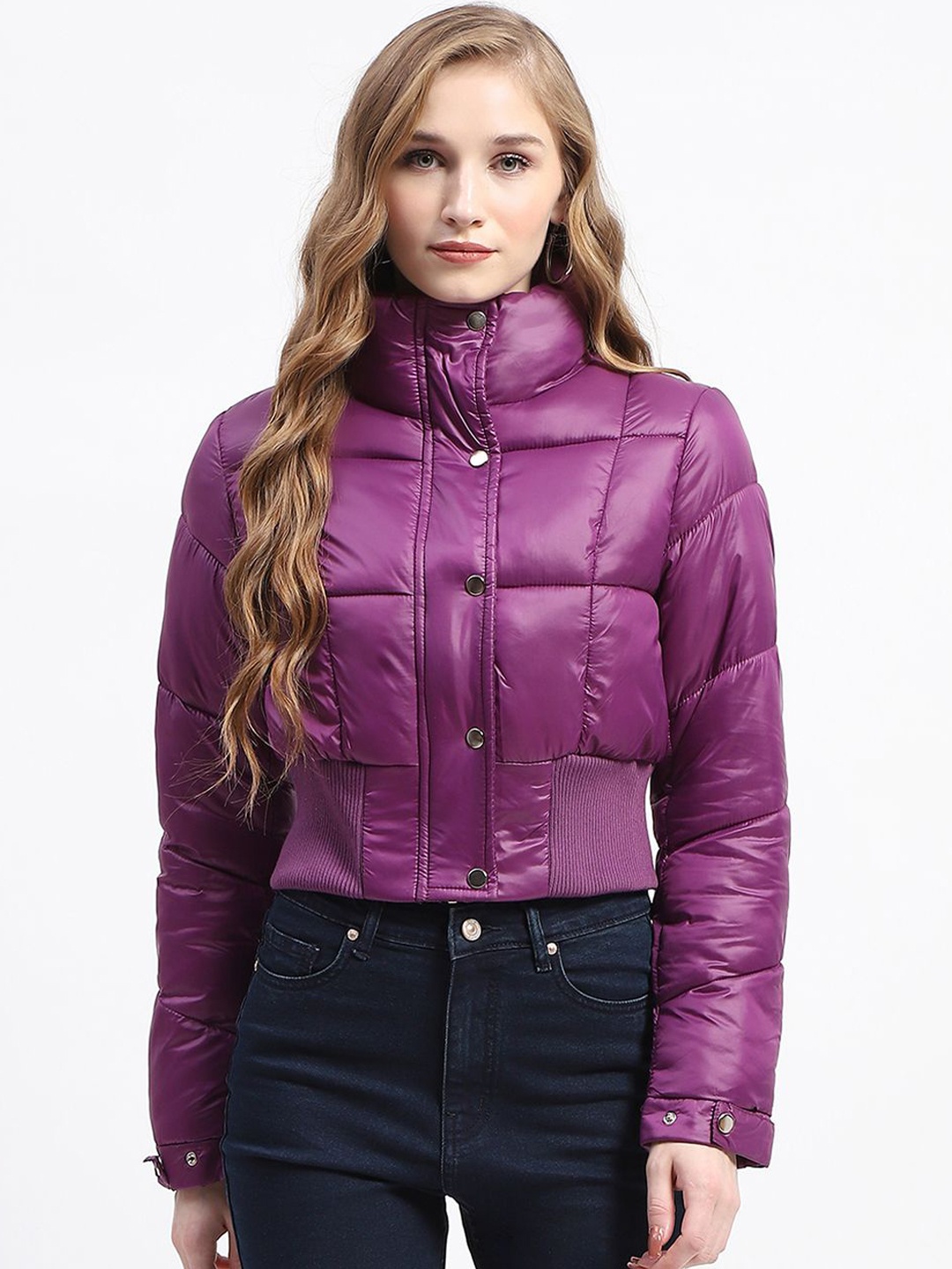 

Madame Women Mock Collar Crop Puffer Jacket, Purple