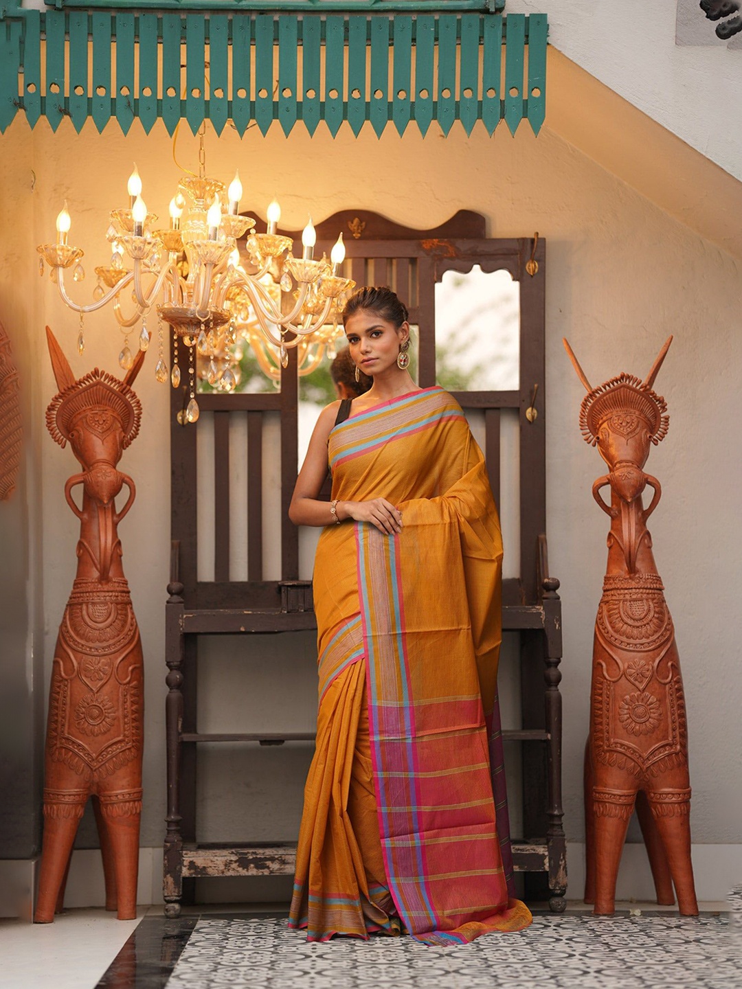 

Unnati Silks Woven Design Pure Cotton Handloom Mangalagiri Saree, Mustard