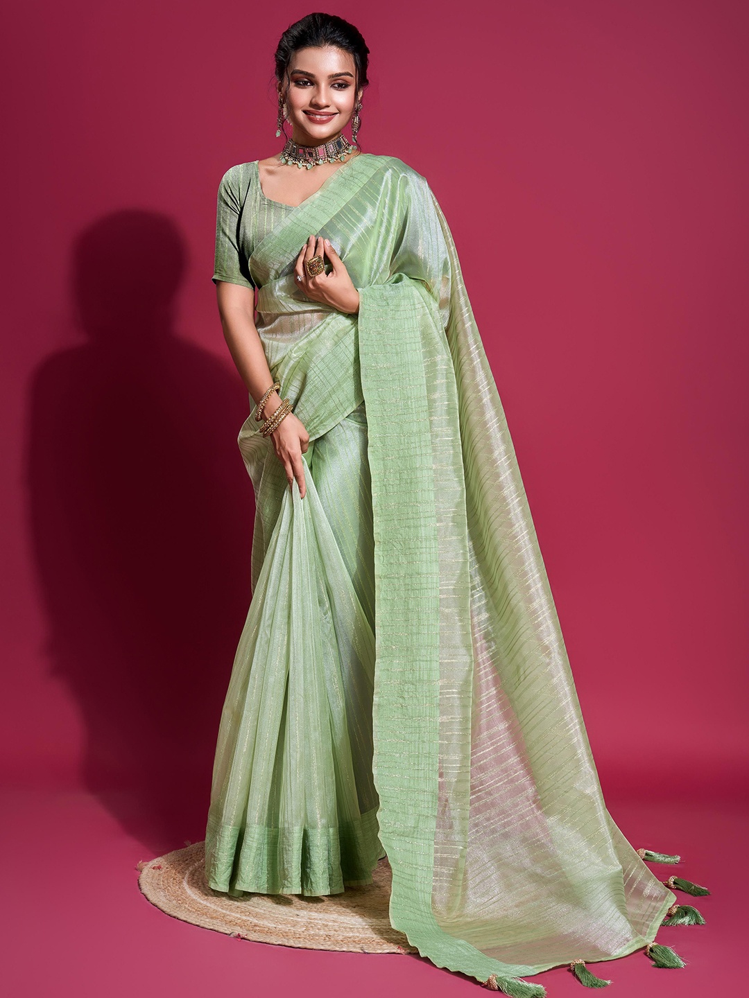 

KALINI Woven Design Zari Organza Saree, Green