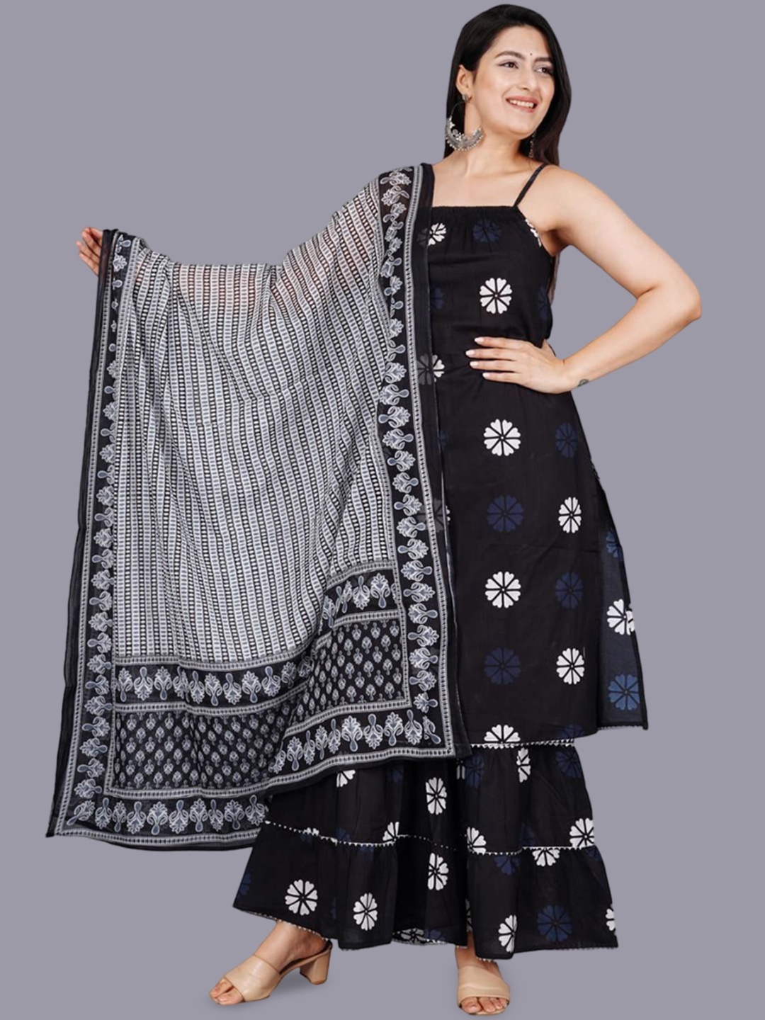 

Cloth Bites Floral Printed Regular Pure Cotton Straight Kurta with Sharara & Dupatta, Black