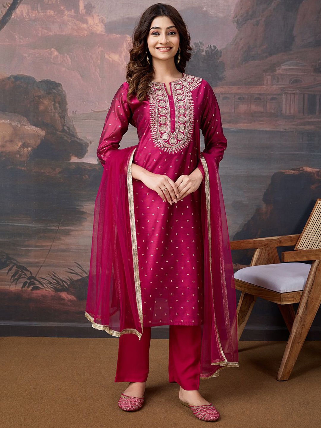 

House of Pataudi Women Embroidered Kurta & Trouser With Dupatta, Pink