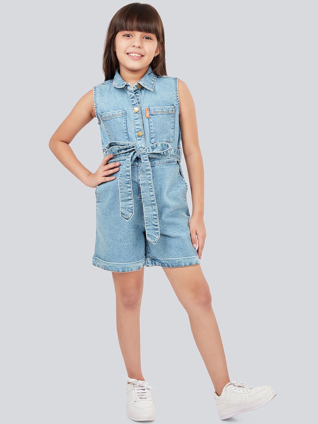 

Olele Girls Shirt Collar Bright White Cotton Denim Romper, Blue