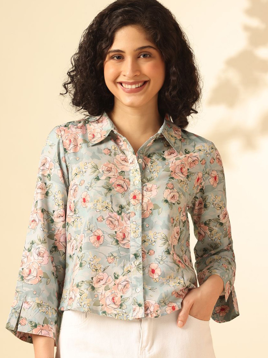

Anouk Women Floral Printed Shirt Collar Top, Grey