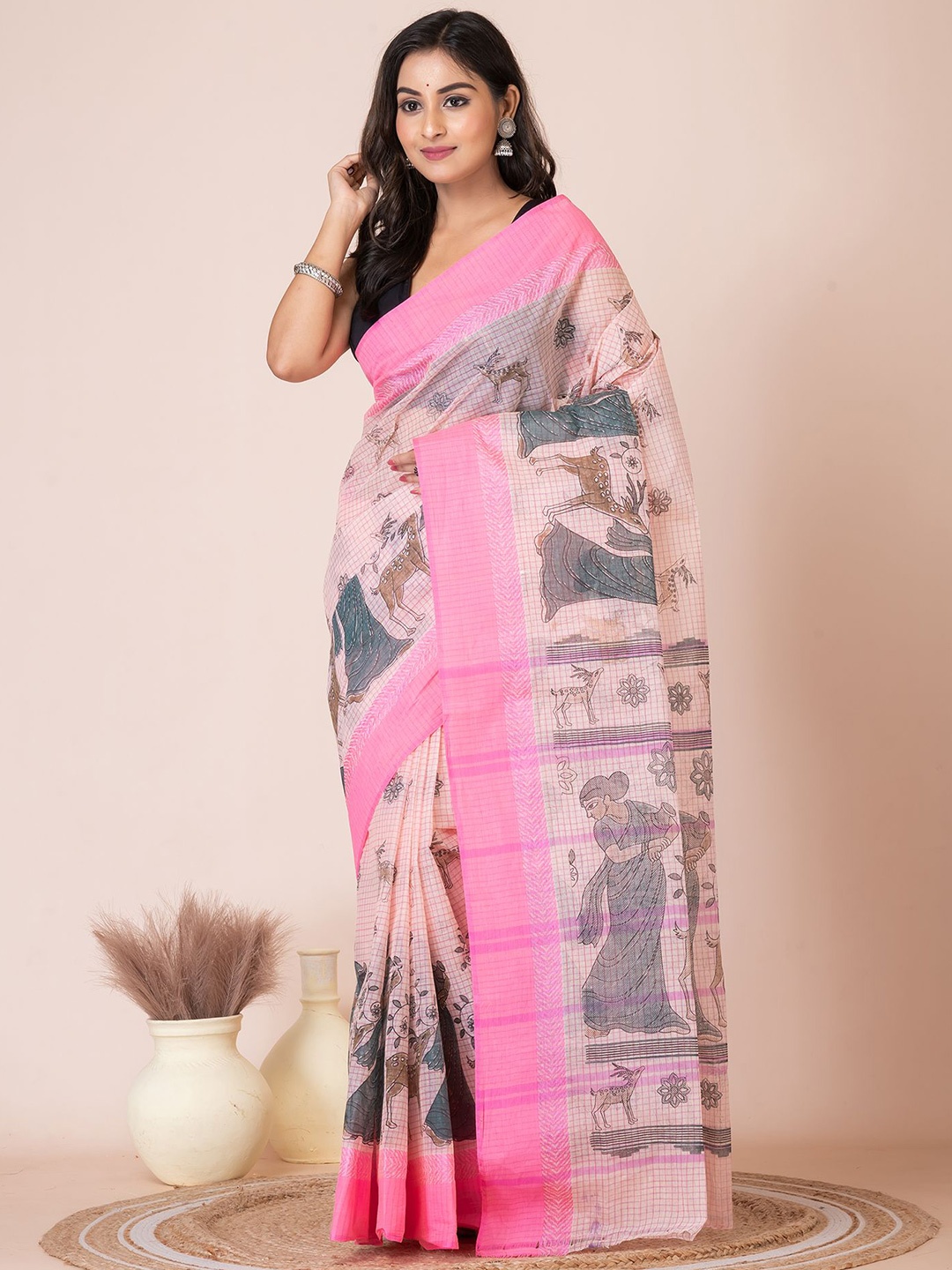 

HOUSE OF ARLI Floral Printed Pure Cotton Taant Saree, Beige