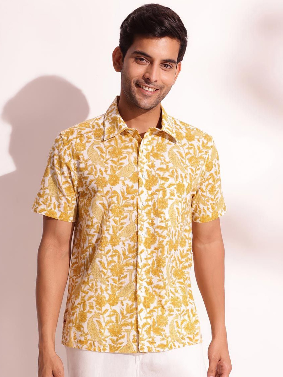 

Fabindia Men Spread Collar Ethnic Motifs Printed Cotton Casual Shirt, Yellow