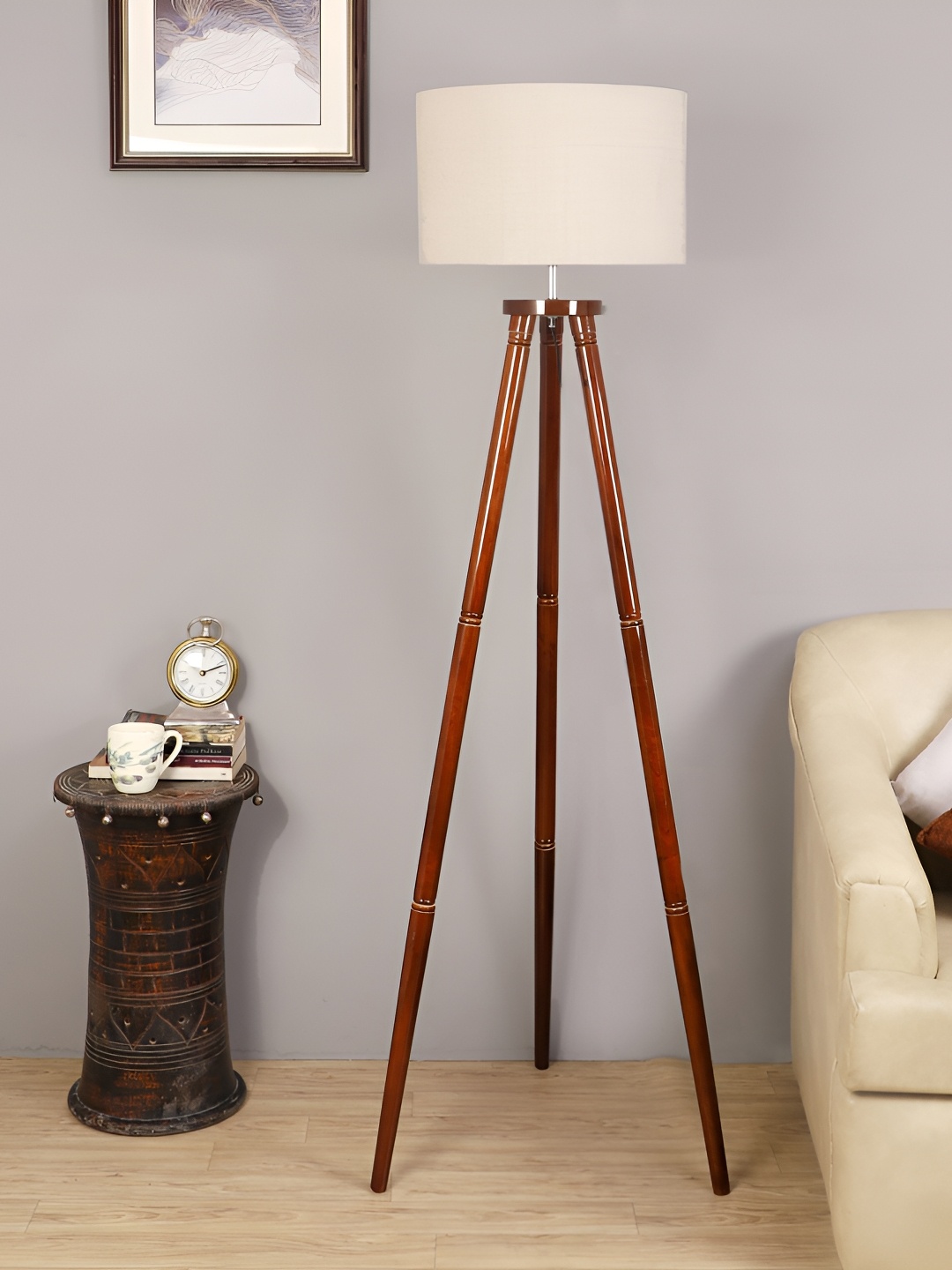 

pristine interiors Brown & White Wooden Tripod Floor Lamp