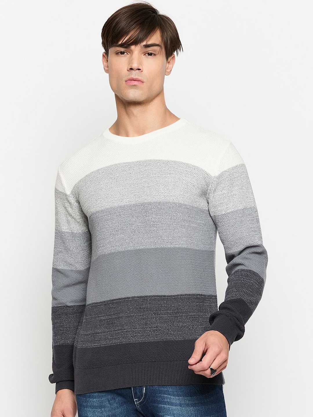 

GABBLE & WOLSH Men Pure Cotton Striped Pullover Sweater, Grey