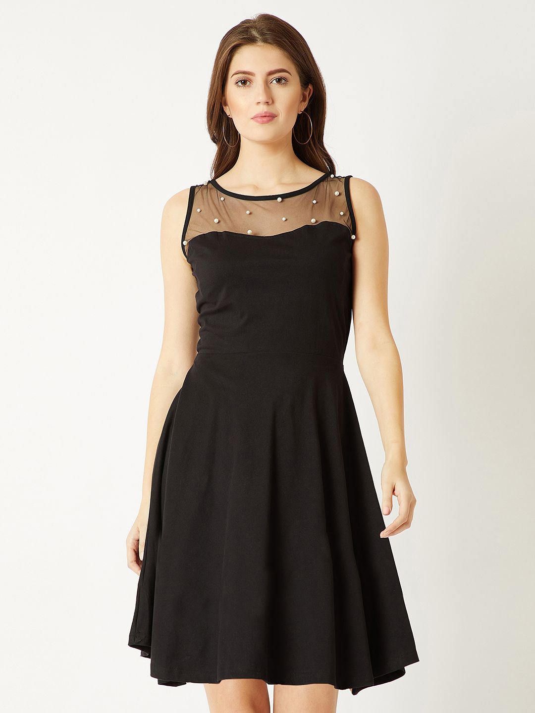 

BAESD Round Neck Sleeveless Sheer And Pearl Detailing Mini Skater Dress, Black
