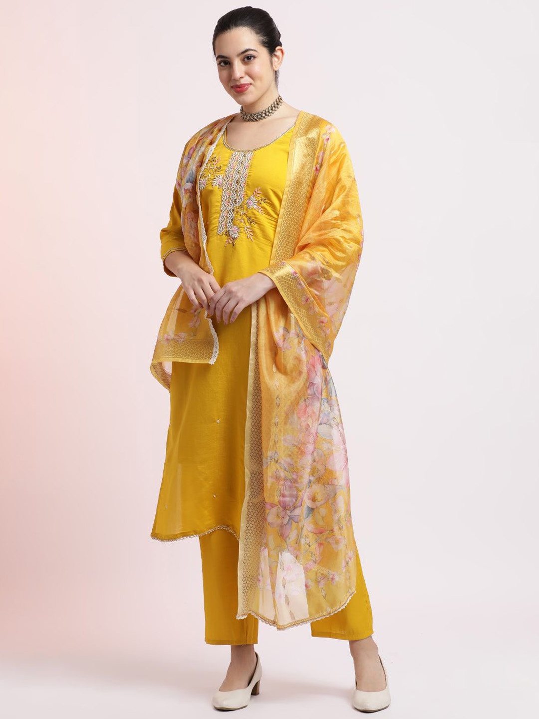 

Jaipur Kurti Embroidered Cotton Festive Kurta Set With Dupatta, Yellow