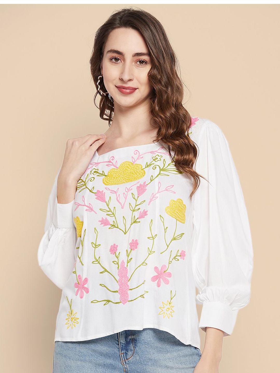 

all about you Women Floral Printed Square Neck Top, White