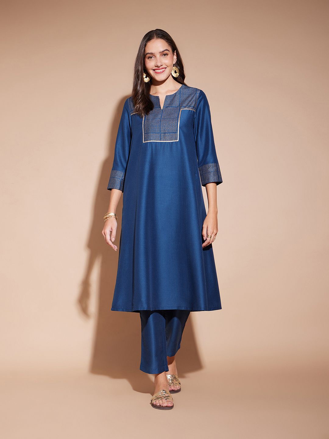 

Pink Fort Yoke Design A-Line Kurta with Trousers, Blue