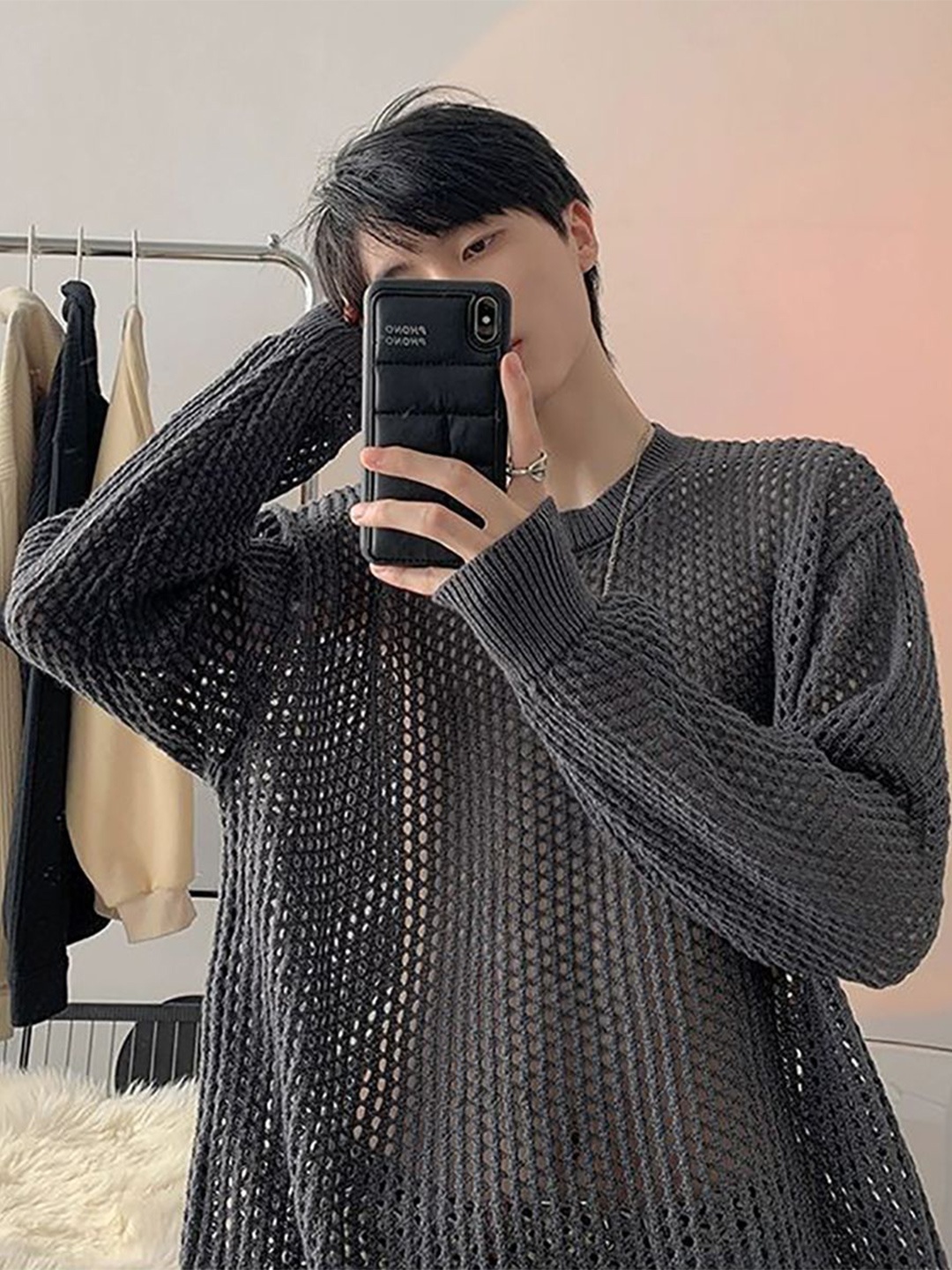 

StyleCast x Revolte Men Cable Knit Round Neck Oversized Pullover, Grey